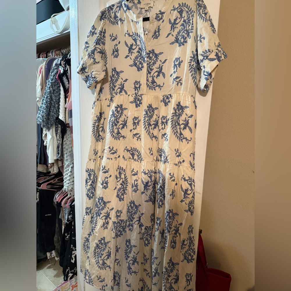 Umgee Cream and Blue Floral Midi Dress